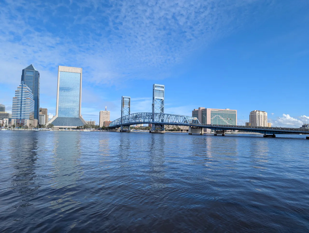 Bridge over still water with clear sky